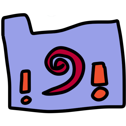 a periwinkle folder with a red spiral and two orange exclamation points.